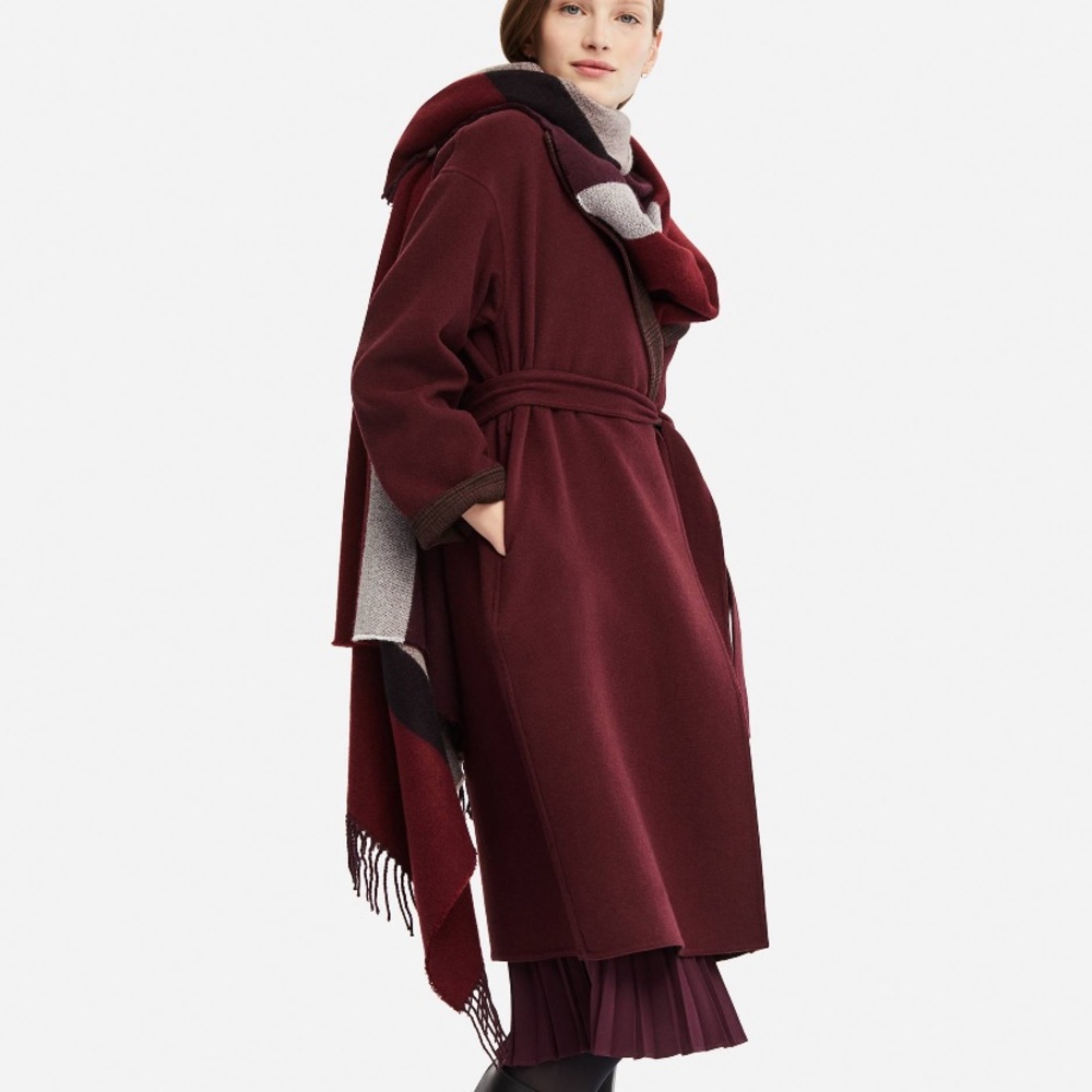 Women double face collarless coat (wine)